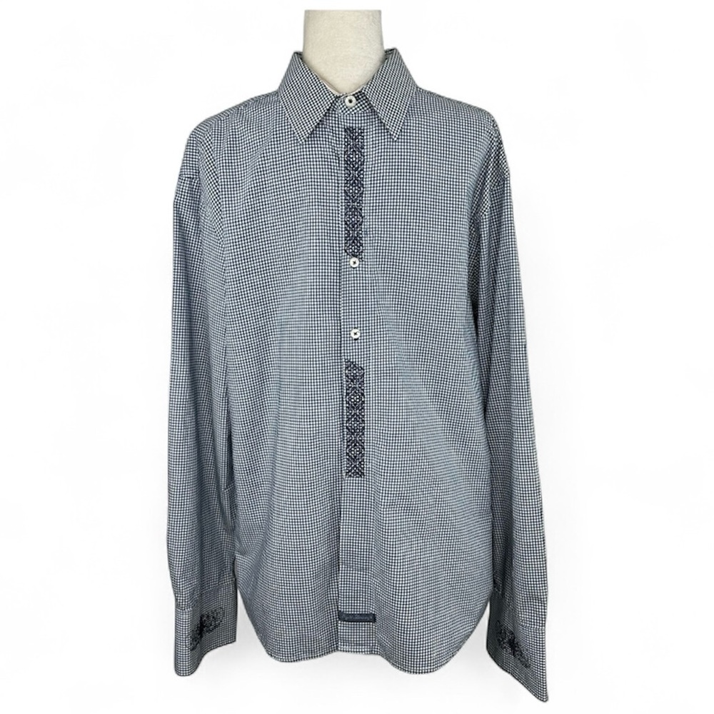 English Laundry Christopher Wicks Blue & White Gingham Check Embroidered Shirt